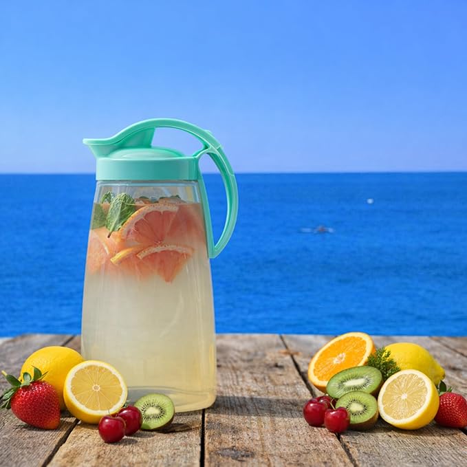 Airtight Slim Fridge Water Pitcher with Lid, 74 oz (2.3 Qt) Space Saving Refrigerator Door Jug, Leakproof Easy Pour Spout Beverage Tea Container, BPA-Free SAN Plastic, Made in Japan (Turquoise)