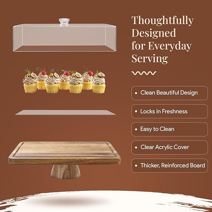 HOMESPHERE Acacia Wood Cake Stand with Lid - Rectangular Cake Holder, 2-in-1 Dessert Table Display Set & Charcuterie Board for Cheese, Chips, Fruit Platter, Large Acrylic Cake Dome Cover, No Glass