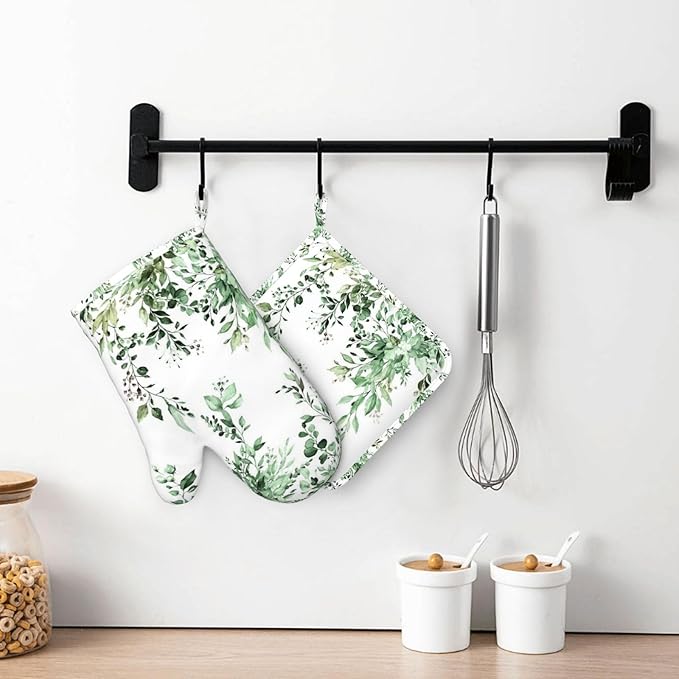 Olive Green Eucalyptus Oven Mitts and Pot Holders Set, 4pcs Silicone Watercolor Plant Leaves with Floral Oven Glove for Kitchen Heat Resistant Oven Mitts and Potholders Non-Slip for Cooking