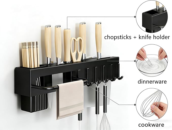 SEIDO Carbon Steel Utensil Rack – Space-Saving 12" L Kitchen Organizer with hooks & hanging bar, Matte Black Knife Holder, 2 Installation Options (Adhesive/Screwed)
