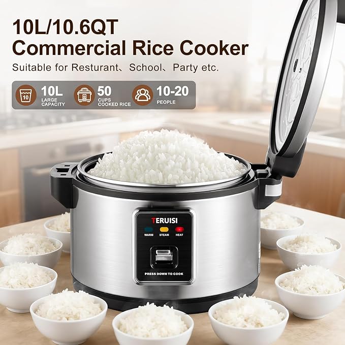 Commercial Rice Cooker, 10L/10.6QT Large Rice Cooker & Rice Warmer 50 CUPS Cooked Rice, Fast Cooking Electric Cooker with Auto Keep Warm, Non-stick Inner Pot for 10-20 People Use