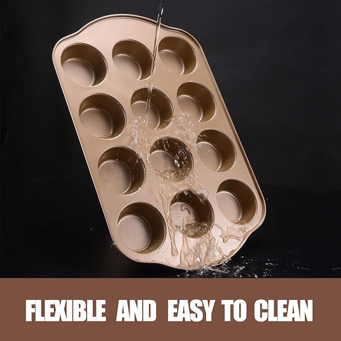 2 Pack Nonstick Muffin Pan Set, 12-Cup Heavy Duty Cupcake Baking Pan with Handles - PFOA-Free Muffin Tin, Rust Proof & Warp Resistant, Oven Safe 430°F (Gold)
