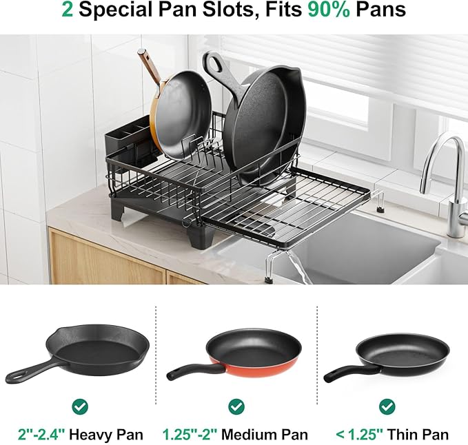 GSlife Expandable Dish Drying Rack for Kitchen Counter, Large Capacity 2-in-1 Rust Resistant Dish Drainer with Swivel Spout and Pull Out Over Sink Extension, 16.7" W x 12.6"-22.4" L, Black