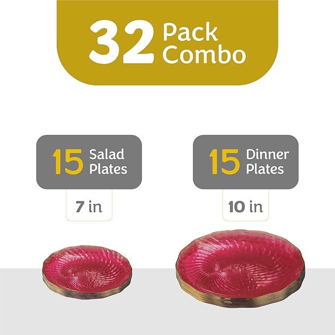 PLASTICPRO 30 Pack Plastic Plates Set of 15-10 inch Plate and 15-7 inch Plates, Elegant Clear Pink Spiral and Gold Rim Disposable Fancy Plate Premium Heavyweight