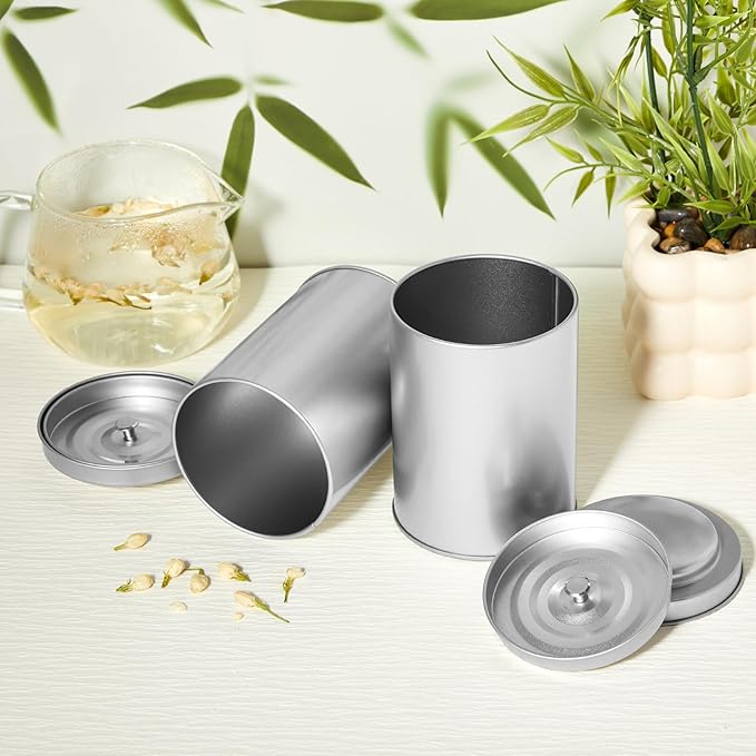 Meanplan 12 Pcs Tea Tin Canister with Airtight Double Lids Round Tin Can Box Small Kitchen Tea Canister Loose Leaf Storage Containers for Loose Bags Coffee Sugar Candy Spices(Silver,16 oz)