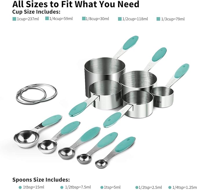 U-Taste 18/8 Stainless Steel Measuring Cups and Spoons Set of 10 and 600ºF Heat Resistant 13.76" Long, 3.63" Wide Wok Spatula for Kitchen Stir Fry (Aqua Sky)