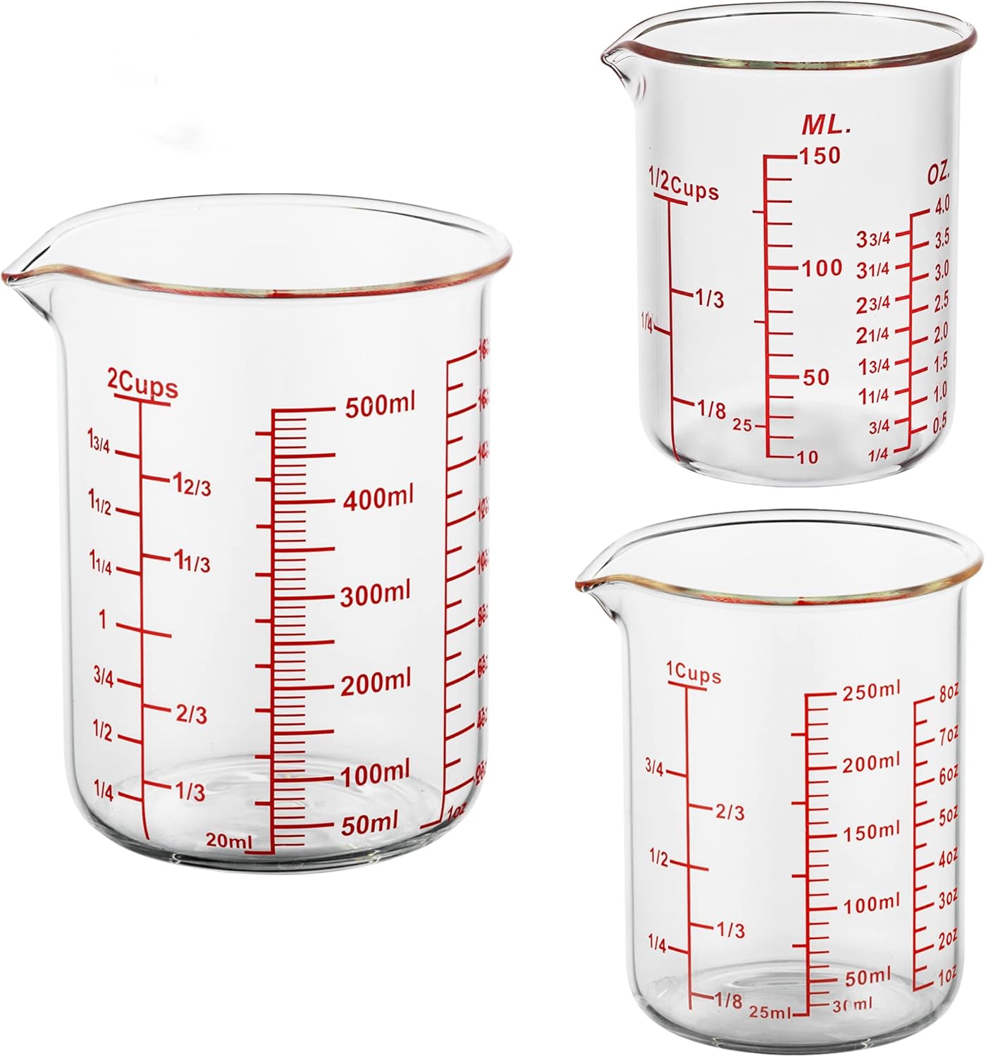 3 Piece Glass Measuring Cup Set, Includes 1/2-Cup, 1-Cup, and 2-Cup High Borosilicate Glasss Liquid Measuring Cups, Dishwasher, Freezer, Microwave, and Preheated Oven Safe, Essential Kitchen Tools