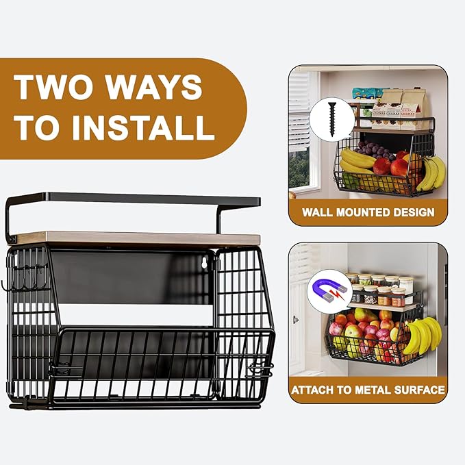 Magnetic Shelf for Fridge,Hanging Wall Basket for Potato Onion Fruit and Vegetable Storage Bins,Large Produce Container Magnetic Spice Rack for Refrigerator Kitchen Counter Pantry,Black