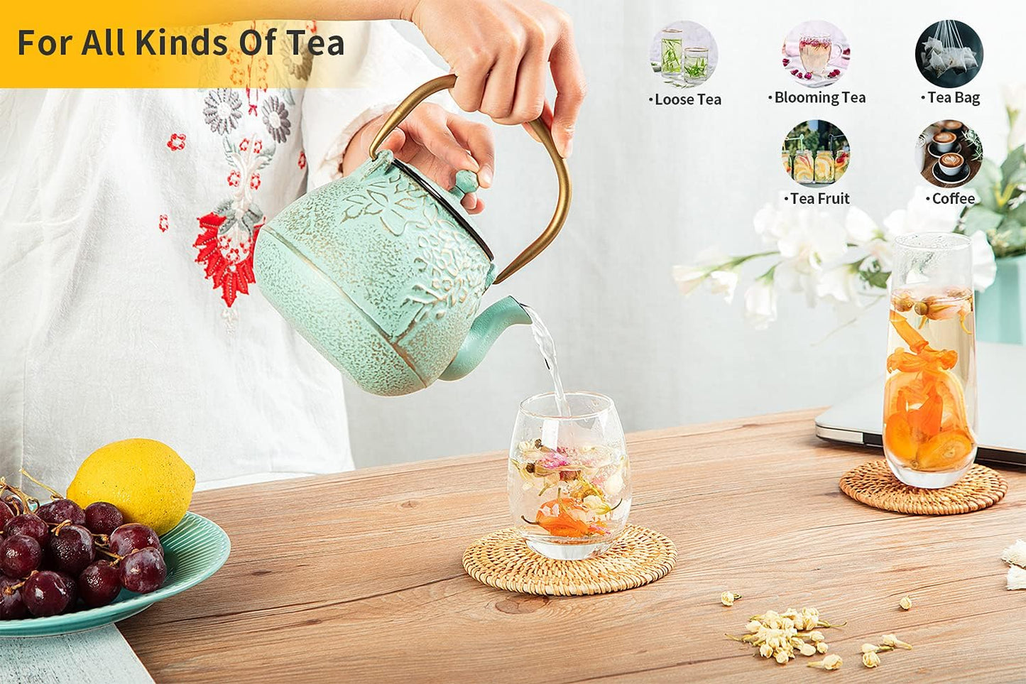 Tea Kettle, TOPTIER Japanese Cast Iron Teapot with Infuser for Loose Leaf and Tea Bags, Stovetop Safe Cast Iron Tea Kettle Coated with Enameled Interior for 40 oz (1200 ml), Light Green