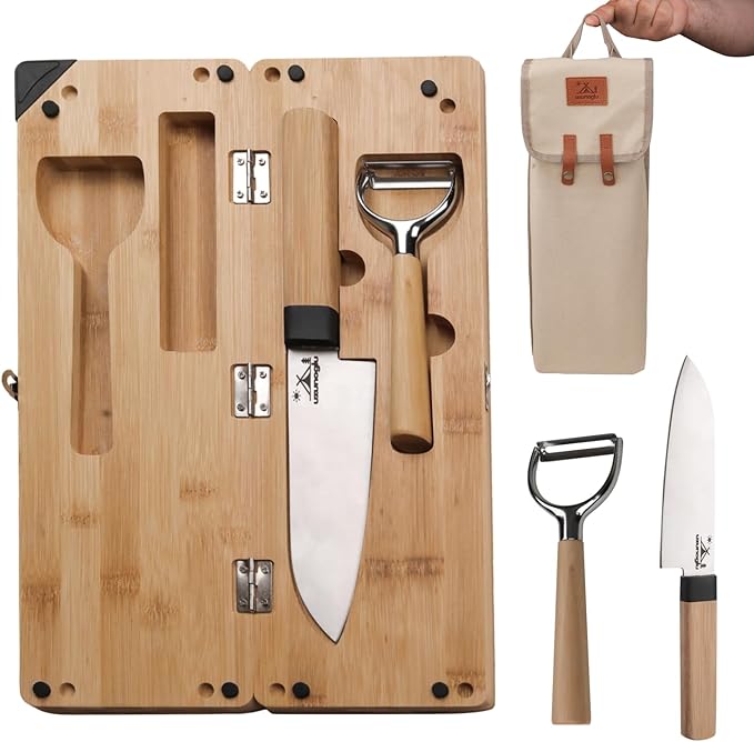 Foldable Bamboo Cutting Board Set - with Knife, Peeler, Bag & Built-in Sharpener – Portable Compact Chopping Board for Camping, Picnic, Travel & Kitchen – Non-Slip, Eco-Friendly, Multi-Purpose Design