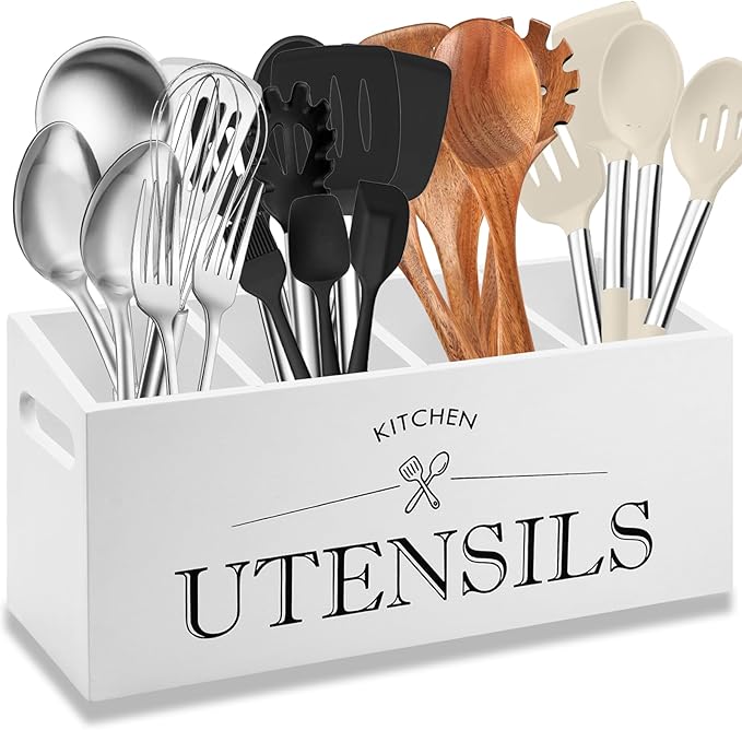 Kitchen Utensil Holder with 4 Compartments, Wooden Utensil Organizer for Countertop, Ideal for Storage and Organization, Rustic Cooking Utensil Kitchen Tool, White