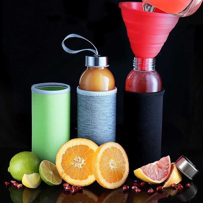 Citrus Juicer - Professional Hand Juicer Citrus Squeezer - 7 PC Juicer Press - Metal Grapefruit, Orange & Lemon Juicer Squeezer with Glass Bottles, Sleeves & Funnel - Black