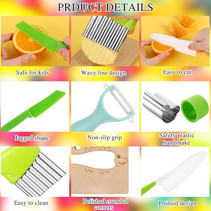 10PCS Kids Knife Set, Toddler Safe Knives for Real Cooking, Serrated Edges, Kids Cooking Utensils, Kitchen Tools for Toddlers, Potato Slicers, Cake Scraper