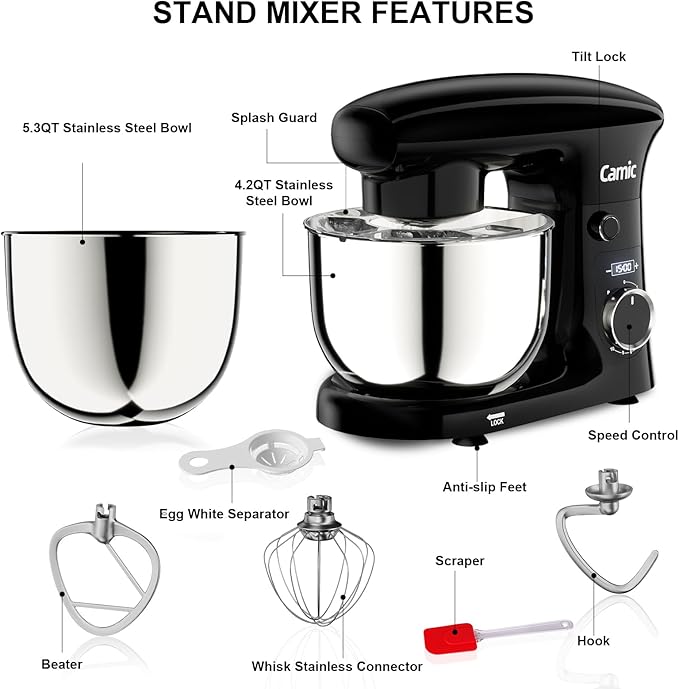 Camic Stand Mixer, 4.2QT+5.3QT Two bowls Electric Food Mixer, 10 Speeds with Digital setting 3-IN-1 Kitchen Mixer for Baking Cakes Cookie Bread Salad with Egg Whisk,Dough Hook,Flat Beater (Black)
