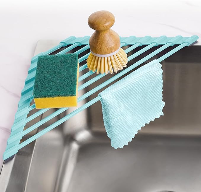 Tomorotec Compact Silicone-Coated Triangle Dish Drying Rack for Sink Corner - Foldable Stainless Steel Over-The-Sink Organizer and Storage Shelf (Mint Green)
