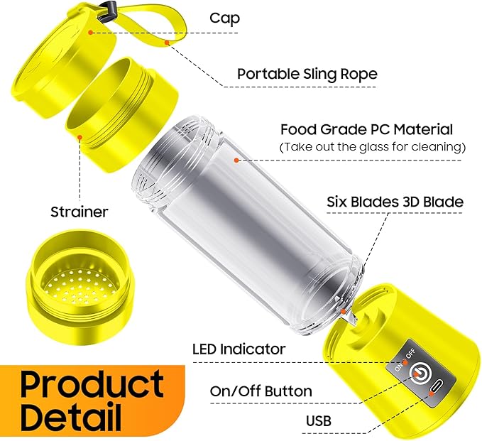 Portable Blender for Smoothies & Shakes - Cordless Personal Size Blender with 6 Blades, 380Ml Juice Cup, Lightweight & Rechargeable, Freshly Squeezed for Picnic/Sports/Office
