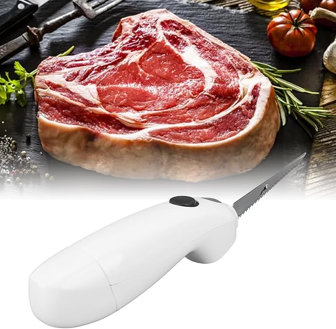 Cordless Electric Fillet Knife, Battery Powered Portable Electrical Food Cutter for Carving Steak, Pork, Chicken, and Bread, Removable Reciprocating Serrated Stainless Steel Blades