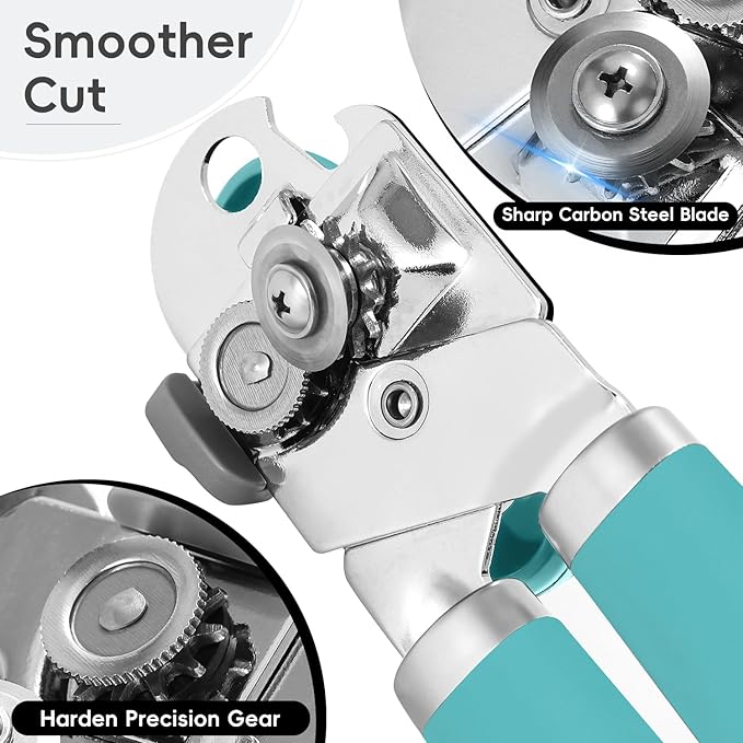 Can Opener Manual, UHIYEE Hand Held Manual Can Openers Heavy Duty with Smoother Cut Sharp Blade, Manual Hand Can Open with Soft Handle, Easy to Turn Knob, Magnetic Lid Lifter, Turquoise