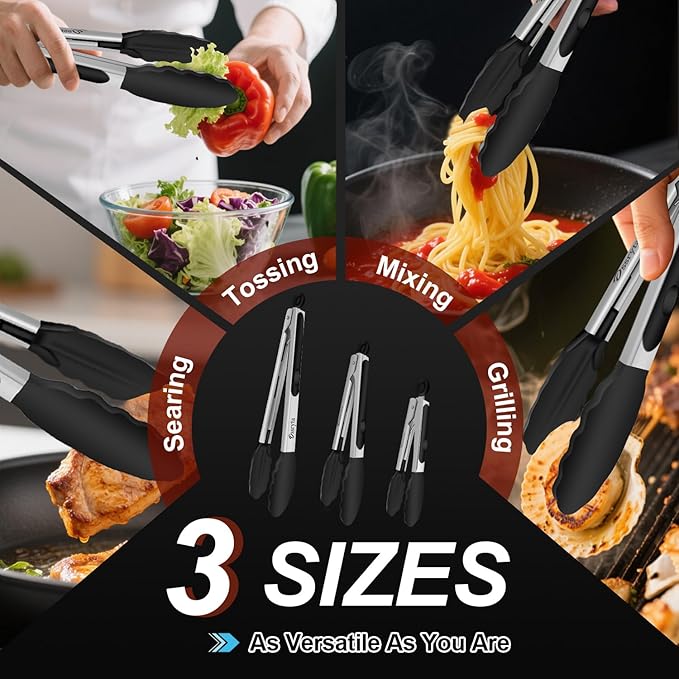Kitchen Tongs with Silicone Tips - Heat Resistant 600°F Stainless Steel Cooking Tong Set, Non-Stick 7" 9" 12" Locking Silicone Tongs for Cooking, Grilling, Serving & Baking (3-Piece, Black)