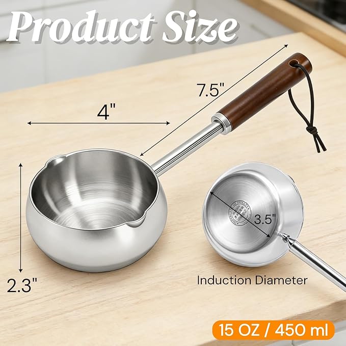 Mini Milk Warmer Pot, 15 OZ/450 ml Stainless Steel Melting Pot, Hot Oil Pan with Wood Handle, Dual Spouts Small Saucepan for Seafood Butter Chocolate Cooking Restaurant Kitchen Camping