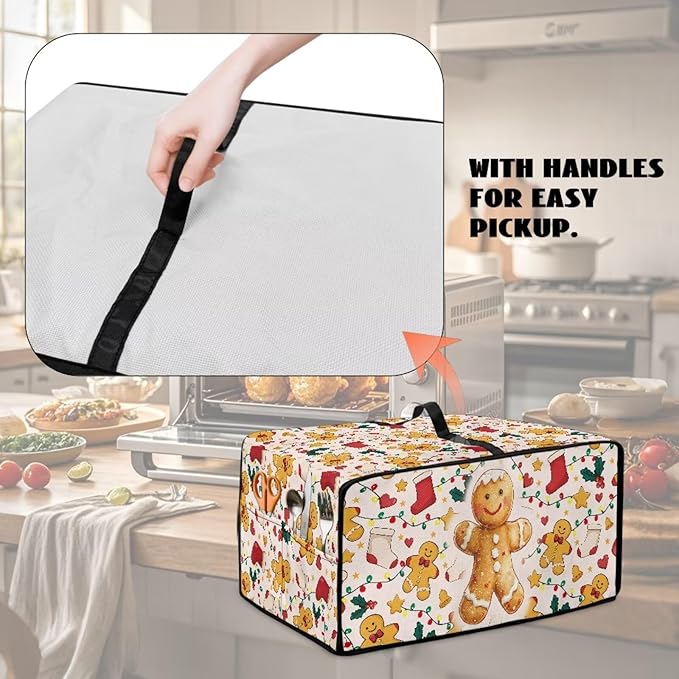 Countertop Convection Oven Cover Dust-Proof Toaster Oven Cover with Accessories Pockets, Countertop Convection Oven Protector, S, Gingerbread Man Christmas String Lights