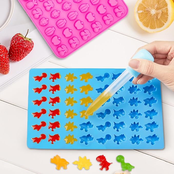 Gummy Candy Molds - Silicone Mini Gummy Bear/Dinosaur/Fruit Snack Molds with 2pcs Dropper,Non-stick and Bpa Free for Candy Chocolate Gummies Baking