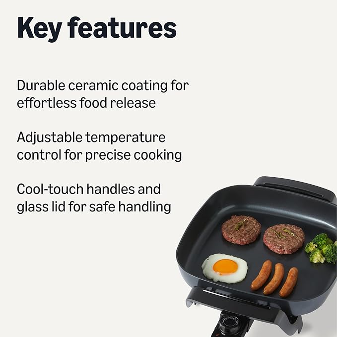 Amazon Basics Electric Skillet and Frying Pan with Glass Lid, Nonstick Ceramic Coating, Cool-Touch Handles, Adjustable Heat, 15.74 x 11.81 x 6.69 inch, Black