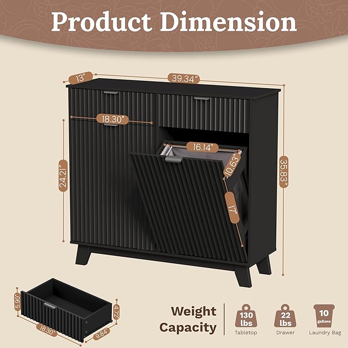 Double Tilt Out Laundry Hamper Cabinet, 20 Gallon Wooden Trash Can Cabinet with Drawers, Hidden Fluted Bathroom Storage Cabinet for Kitchen, Living Room (Black, 39.34" W x 35.83" H x 13" D)