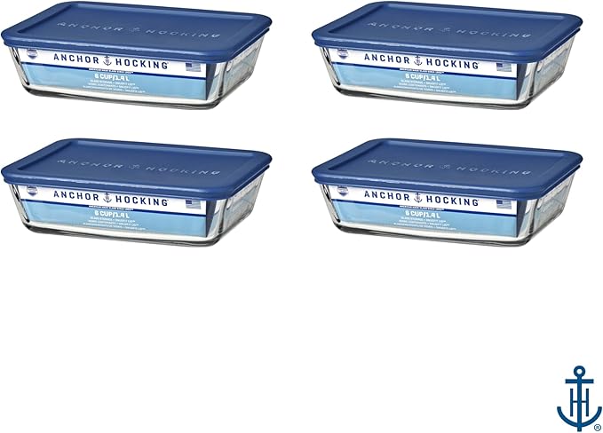 Anchor Hocking SnugFitTM Rectangular Food Storage Containers with Lids (4-Piece, 6-cup, Navy Blue, oven-safe)