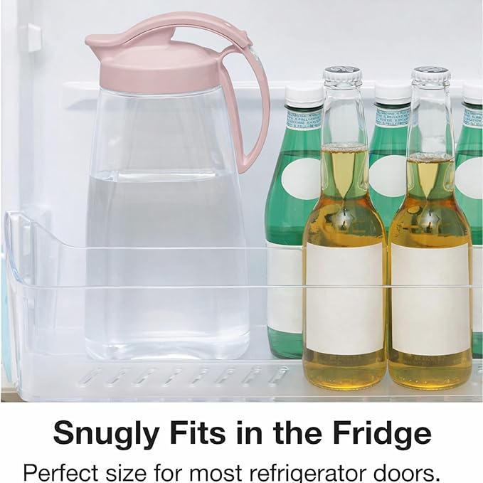 Airtight Beverage Pitcher with Lid for Drinks, Slim 74 oz (2.3 Qt) Tea Juice Water Jug, Leakproof Easy Pour Spout Refrigerator Container, BPA-Free SAN Plastic, Made in Japan (Pink)
