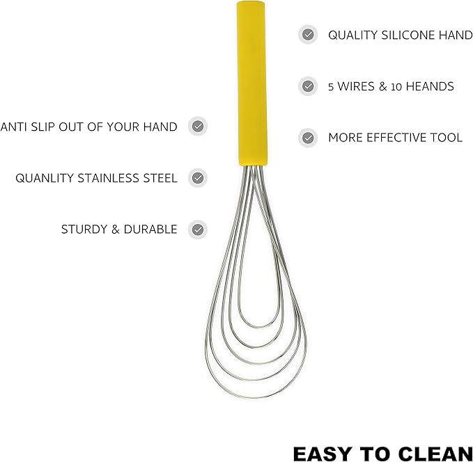 Flat Whisk Silicone Handle Non Slip 10" - 5 Wires Whisk with 10 Heads for Kitchen Cooking by Jell-Cell (Yellow)