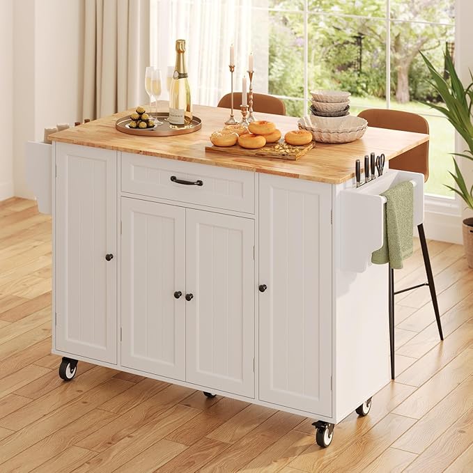 Ahomly Kitchen Island with Storage, 47.6" Rolling Kitchen Island on Wheels with Drop Leaf, Door Cabinet, Drawer, Spice Rack, Towel Rack and Knife Holder, Kitchen Cart Island Table for Kitchen, White