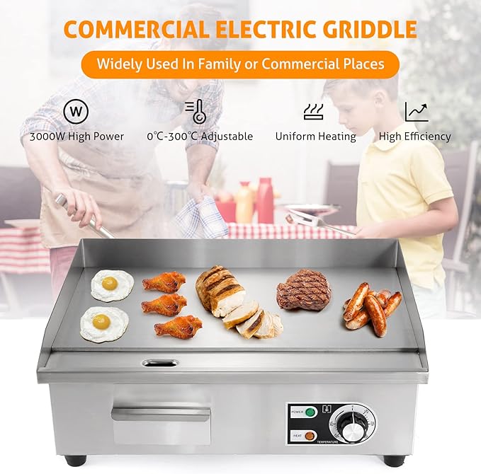 WICHEMI Commercial Electric Griddle 22" 3000W Flat Top Grill Countertop Griddle Stainless Steel Teppanyaki Grill w/Iron Cooking Plate for Restaurant Kitchen, 110V