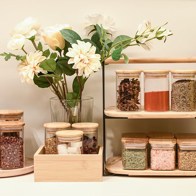 SHOWIN Glass Food Storage Jars Square 6oz, 16 Pack Glass Jars With Bamboo Lids, Kitchen Storage Containers For Spice, Candy, Cookie, Storage For Pantry Organizers