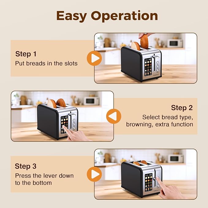 2 Slice Touch Screen Toaster Stainless Steel with Wide Slots, Even Toasting for Bagels & Bread, Defrost & Reheat, Easy Removable Crumb Tray, Matt Black