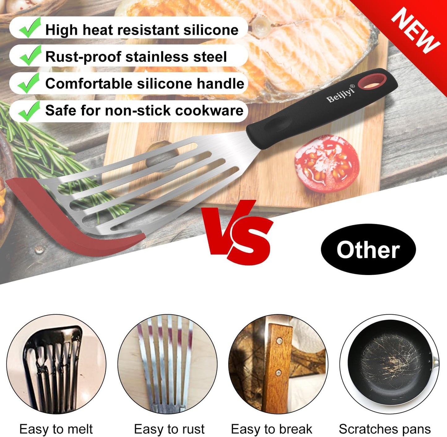 Beijiyi Fish Spatula Turner Set of 2, Heat Resistant Silicone Edge Slotted Fish Spatulas for Nonstick Cookware, Flexible and Thin Stainless Steel Kitchen Cooking Spatula Flipper for Fish, Egg, Pancake