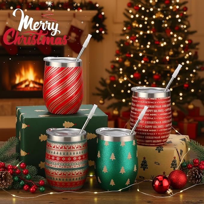 Sliner 4 Pack Pack Christmas Glitter Tumbler Bulk, 12 oz Holiday Wine Tumbler Set Stainless Steel Insulated Sparkling Glitter Cup with Lids Straws and Brushes Travel Mug Xmas Gift (Retro Style)