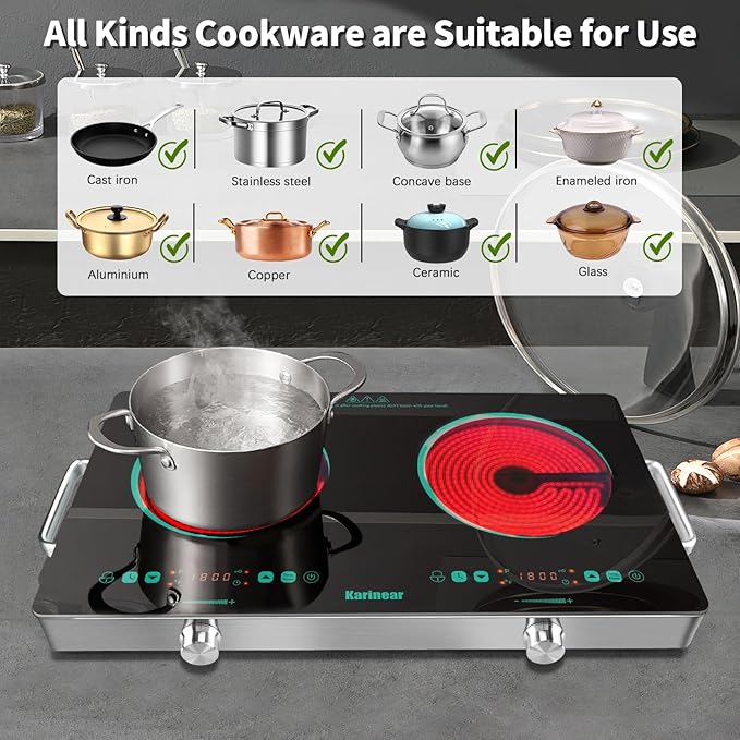 Karinear 2 Burner Electric Cooktop 110V, Portable Electric Stove with Handle, Knob Control Electri Hot Plate, Ceramic Countertop Burner, Timer, Safety Lock, 9 Power Level, 2000W, 24 inch(Green)