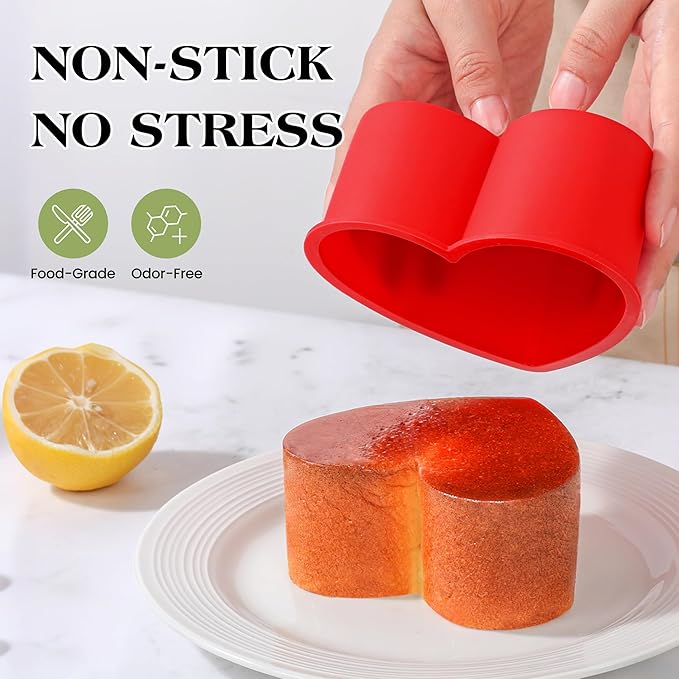 6 Inch Silicone Heart Shaped Cake Pans 2 Pcs Small Heart Cake Pan Set Nonstick Silicone Heart Molds for Baking (Red)