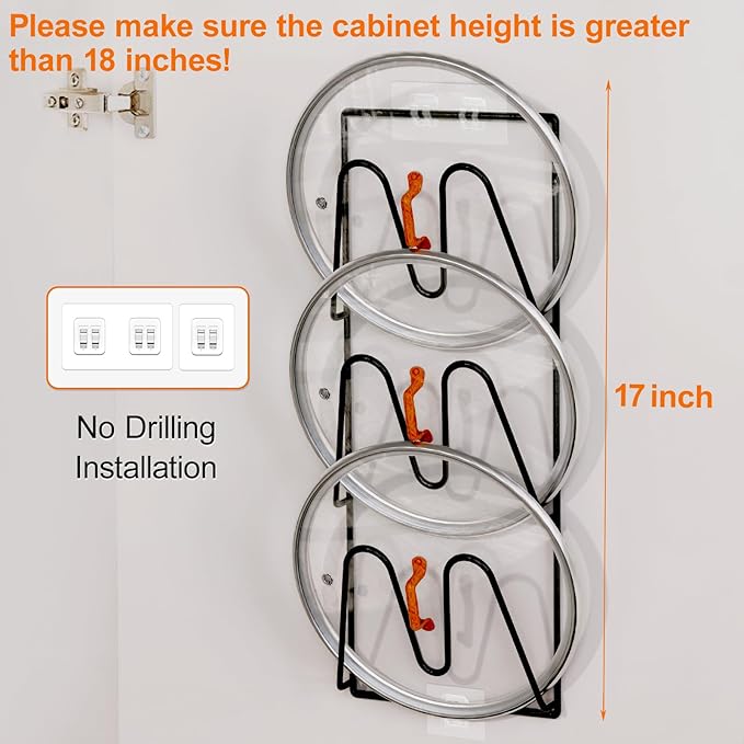 Durmmur 2 Pack Pot Lid Organizer Rack, 6-Tier Pot Lids Holder for Cabinet Door/Wall, No Drilling Adhesive Wall/Door Mounted Rustproof Pot and Pan Cover for Kitchen Storage, Classic Black
