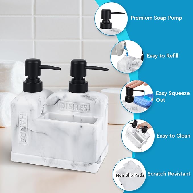 Kitchen Hand Soap and Dish Soap Dispenser Set,Dual Soap Dispenser with Sponge Holder 3-in-1 Organizer for Kitchen Sink,Bathroom,Useful Kitchen Gadgets - White Marble Look