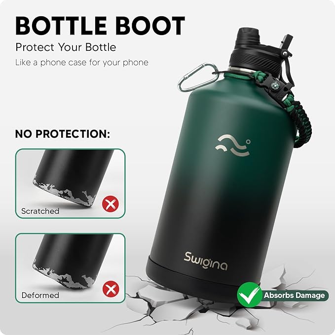 Swigina Insulated Water Bottle with Silicone Boot (36hrs Cold/18hrs Hot) - DIY Stickers, [2-in-1 Lid], BPA Free, 128 oz