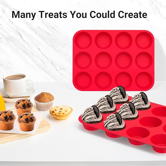 Redfly 2 Pack Silicone Muffin Pans for Baking & Cupcake Pan - 12 Cup Regular Size Silicone Molds, BPA Free Egg Bites Mold