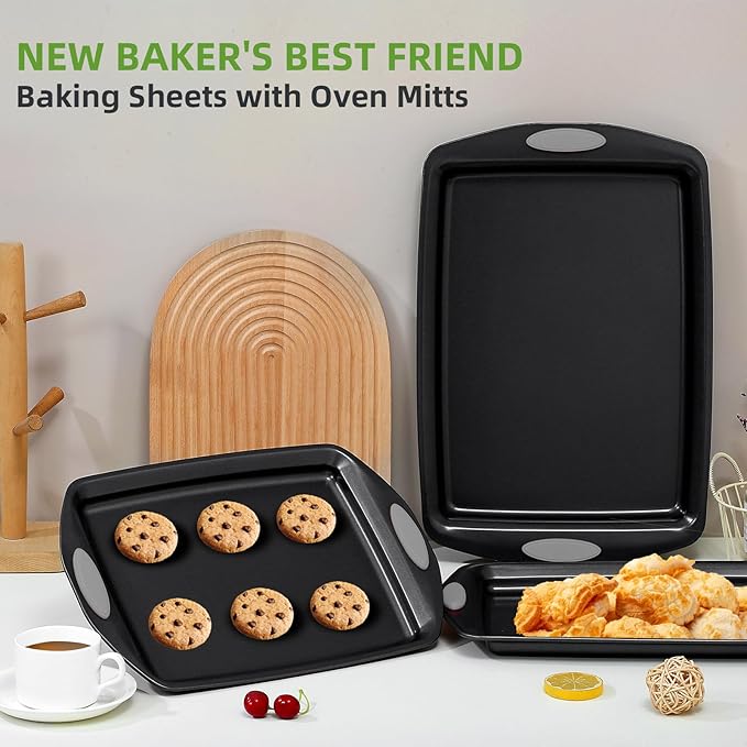 5-Piece Nonstick Baking Pans Set - Premium Carbon Steel Bakeware with PFOA/PFOS/PTFE-Free Coating, Red Silicone Handles (Gray)