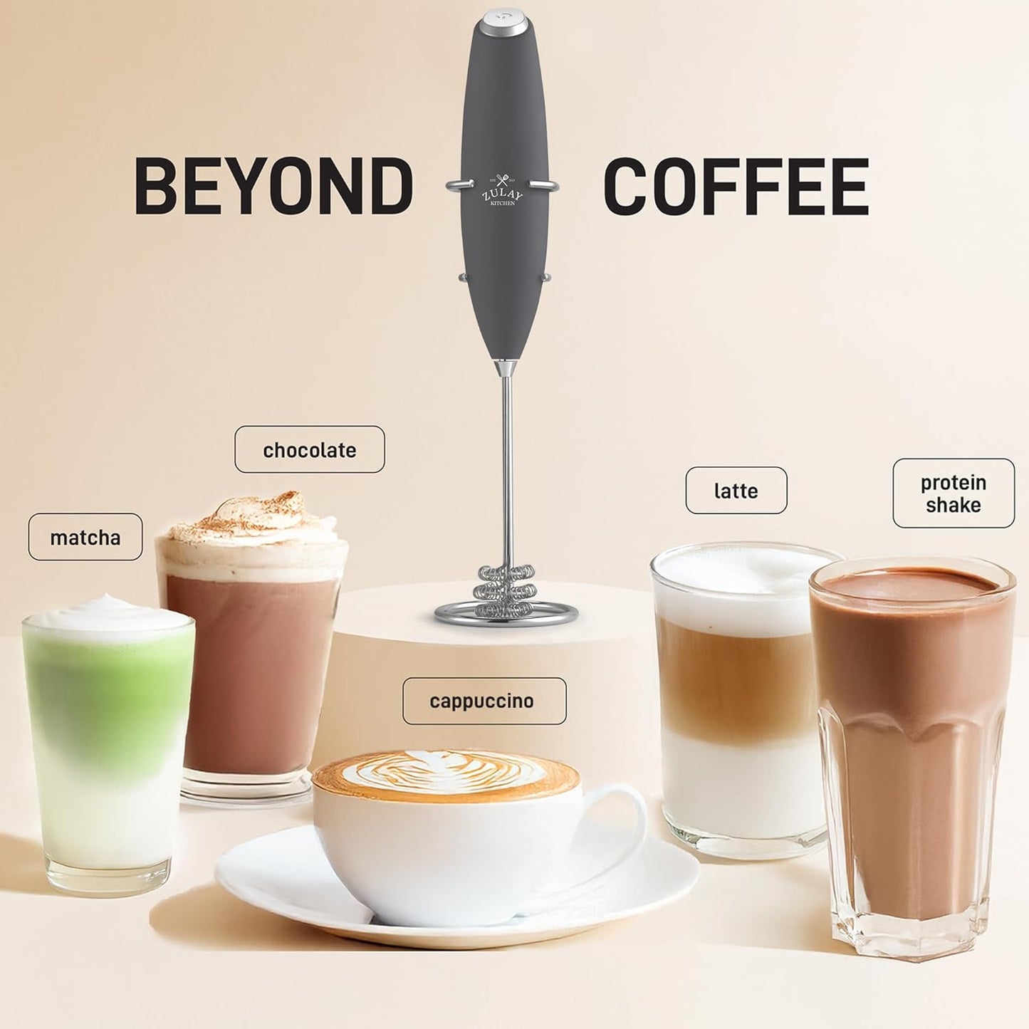 Zulay Kitchen Tornado Whisk Milk Frother with 4 AA Duracell Batteries - Triple Whisk for More Power - Handheld Coffee Frother with Stand - Drink Mixer for Lattes, Matcha & Protein Shakes