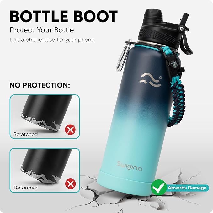 Swigina [2-IN-1 LID] Insulated Water Bottle with Silicone Boot (36hrs Cold/18hrs Hot) - DIY Stickers, Leakproof, BPA Free, 40 oz