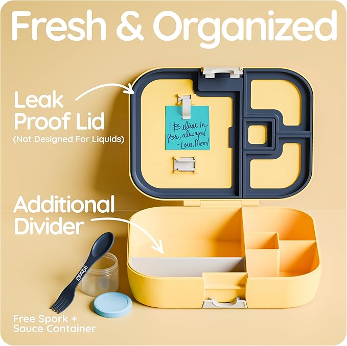 YOOPI Lunch Boxes for Kids–Toddler Bento Box with 4 Leakproof Compartment Food Bentobox Container,Lunch Box for School with Lunchbox Containers, Lightweight Sandwich Box & Snack Box (Yellow)