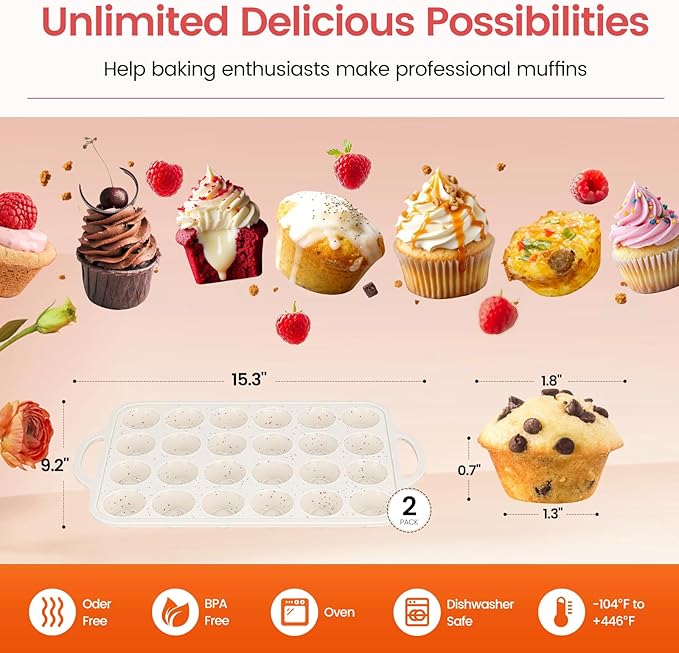 Silicone Muffin Pans With Metal Reinforced Frame - 24 Cups Durable Silicone Baking Pan for Muffins, Cupcakes, BPA Free and Dishwasher Safe - Beige with Rainbow Spots, Set of 2