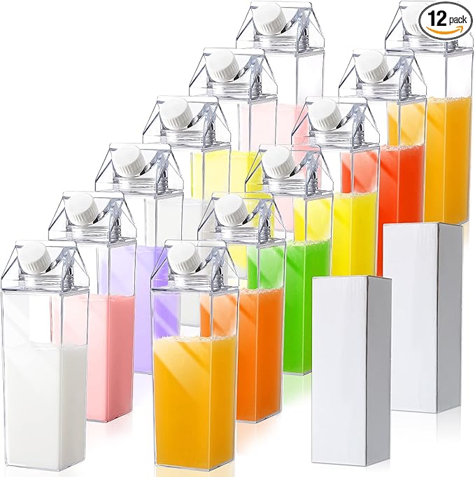 Cunhill 12 Pcs 17 oz Milk Carton Water Bottles Plastic Clear Milk Bottles Portable Reusable Leakproof Carton Water Container Juice Tea Jug for Travelling Sports Camping Outdoor Activities