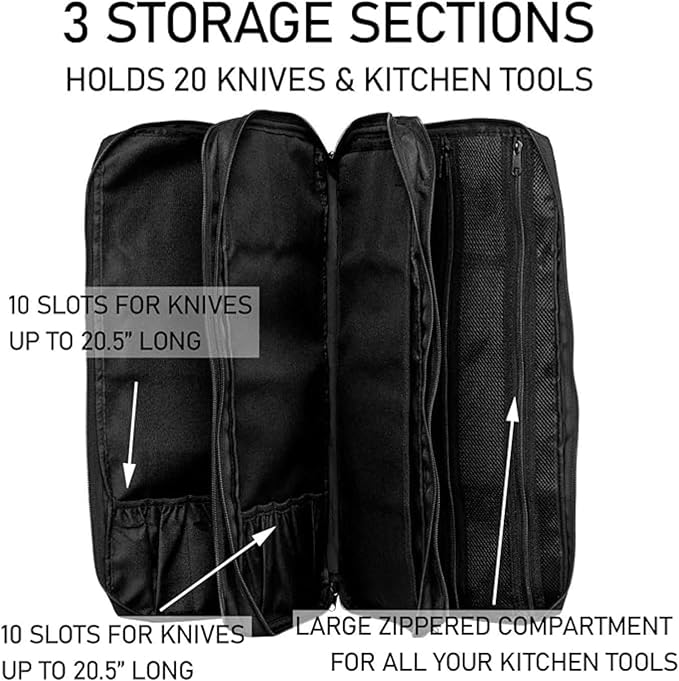 EVERPRIDE Chef Knife Bag Holds 20 Knives PLUS Large Zippered Compartment for Kitchen Tools – Durable, Large Knife Bag for Chefs – Knives Not Included